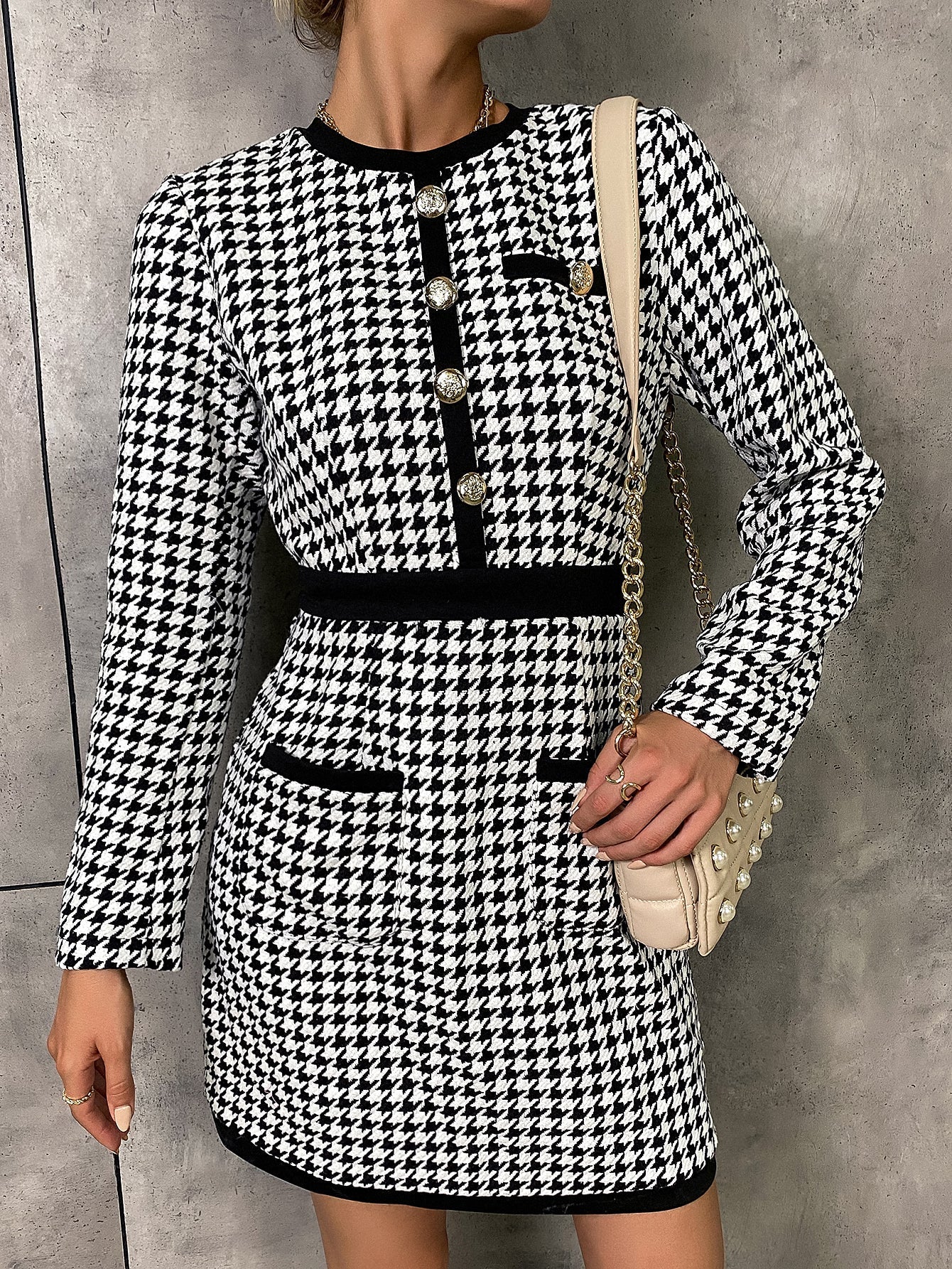 Houndstooth Print Button Detail Dress Sai Feel