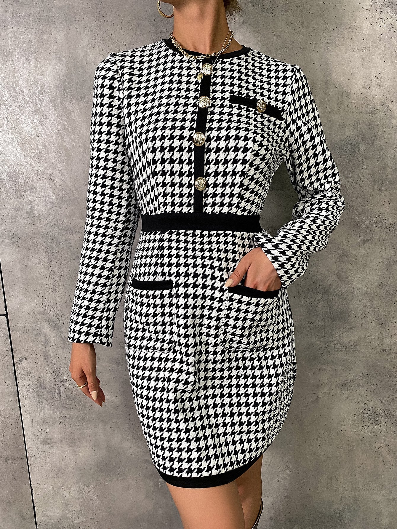 Houndstooth Print Button Detail Dress Sai Feel