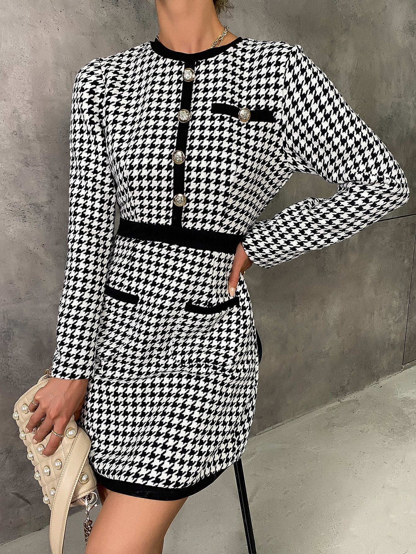 Houndstooth Print Button Detail Dress Sai Feel