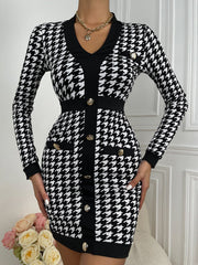 Houndstooth Print Contrast Trim Bodycon Dress Sai Feel