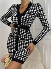 Houndstooth Print Contrast Trim Bodycon Dress Sai Feel