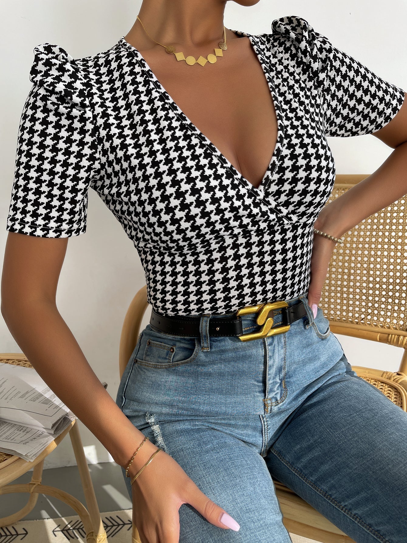 Houndstooth Print Puff Sleeve Bustier Top Sai Feel