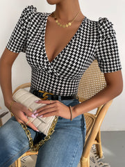 Houndstooth Print Puff Sleeve Bustier Top Sai Feel