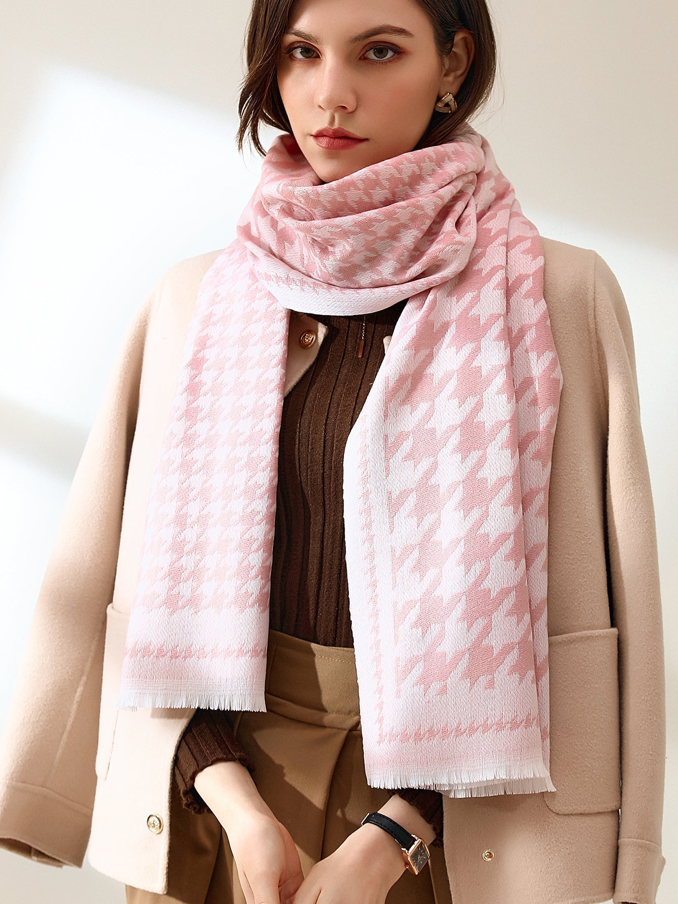 Houndstooth Raw Hem Scarf Sai Feel