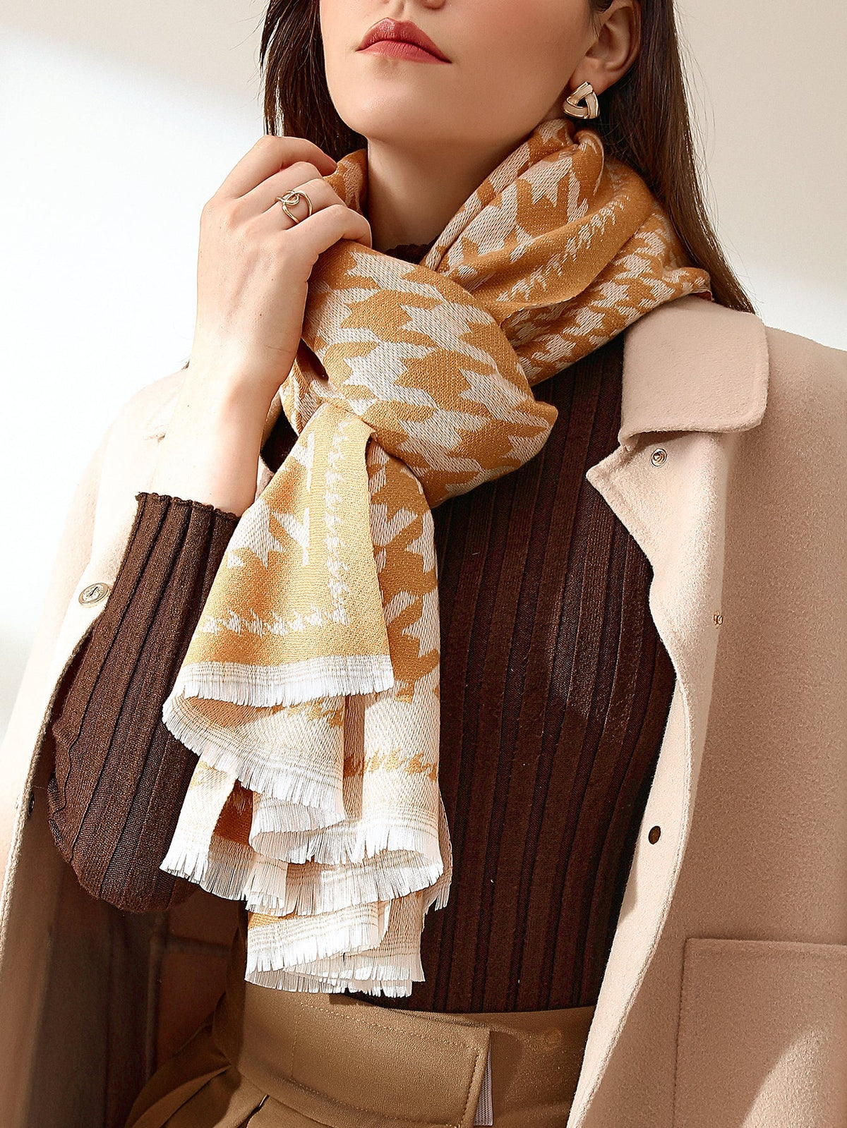 Houndstooth Raw Hem Scarf Sai Feel