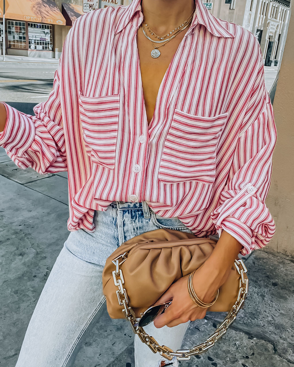 Aldan Striped Button Down Top - Red