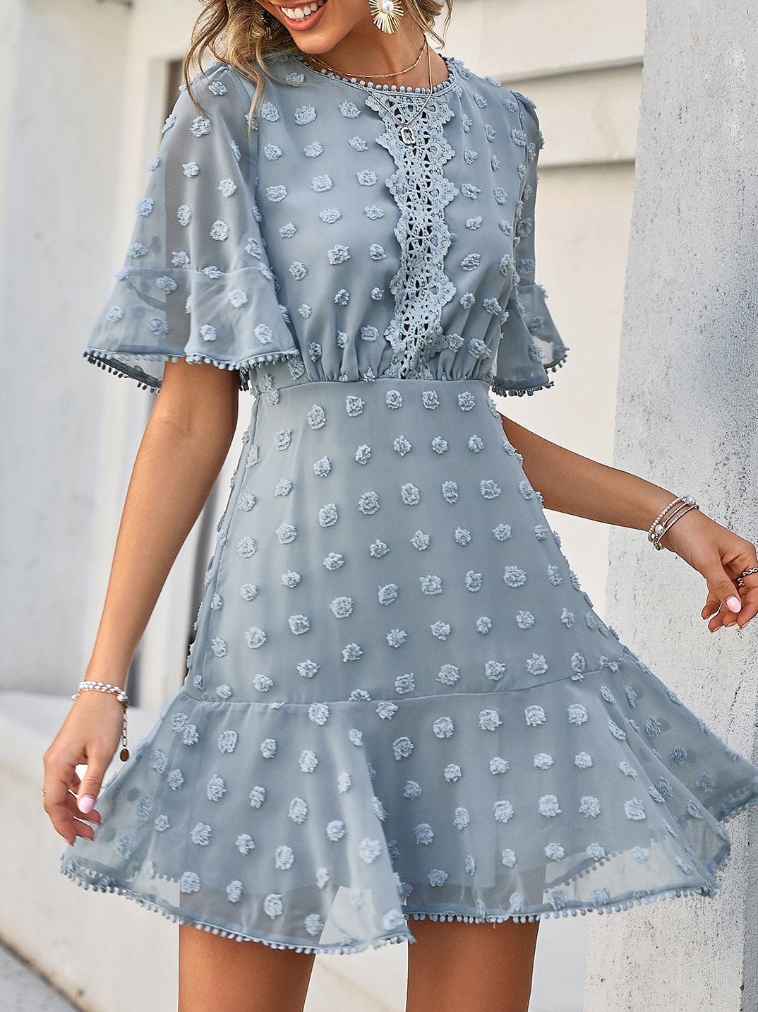 Jacquard Polka Dot Lace Fringed Dress Sai Feel