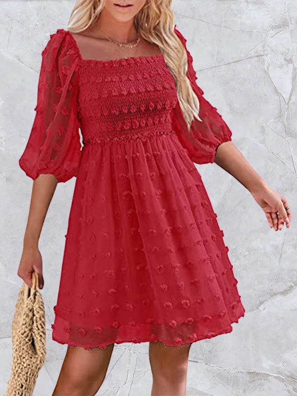 Jacquard Polka Dot Square Neck Mid Sleeve Dress Sai Feel