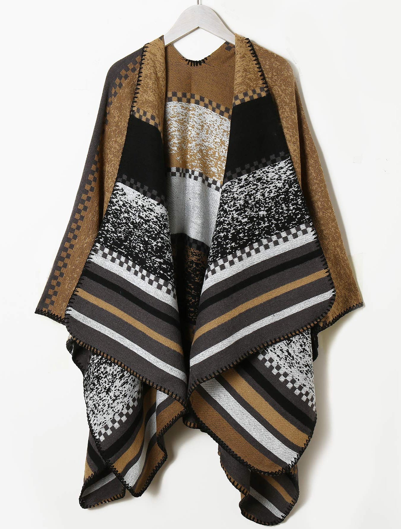 Jacquard geometric stripe acrylic cape shawl Sai Feel