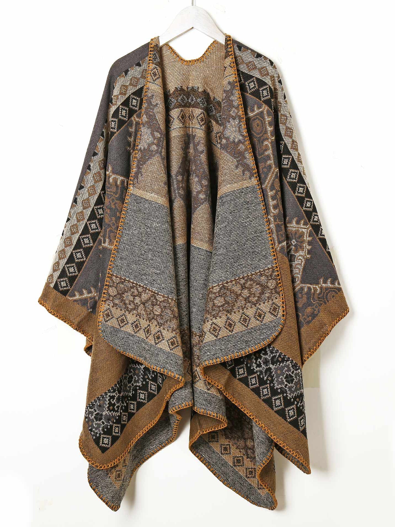 Jacquard rhomb striped acrylic cape shawl Sai Feel