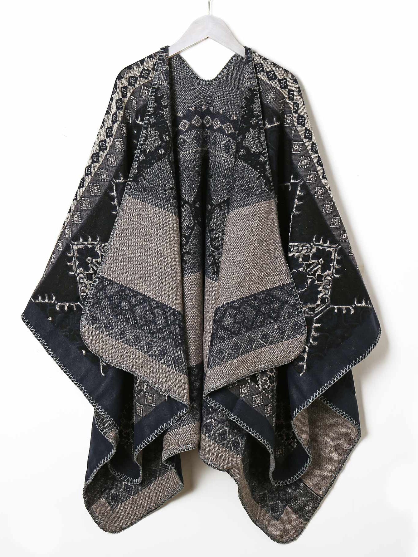 Jacquard rhomb striped acrylic cape shawl Sai Feel