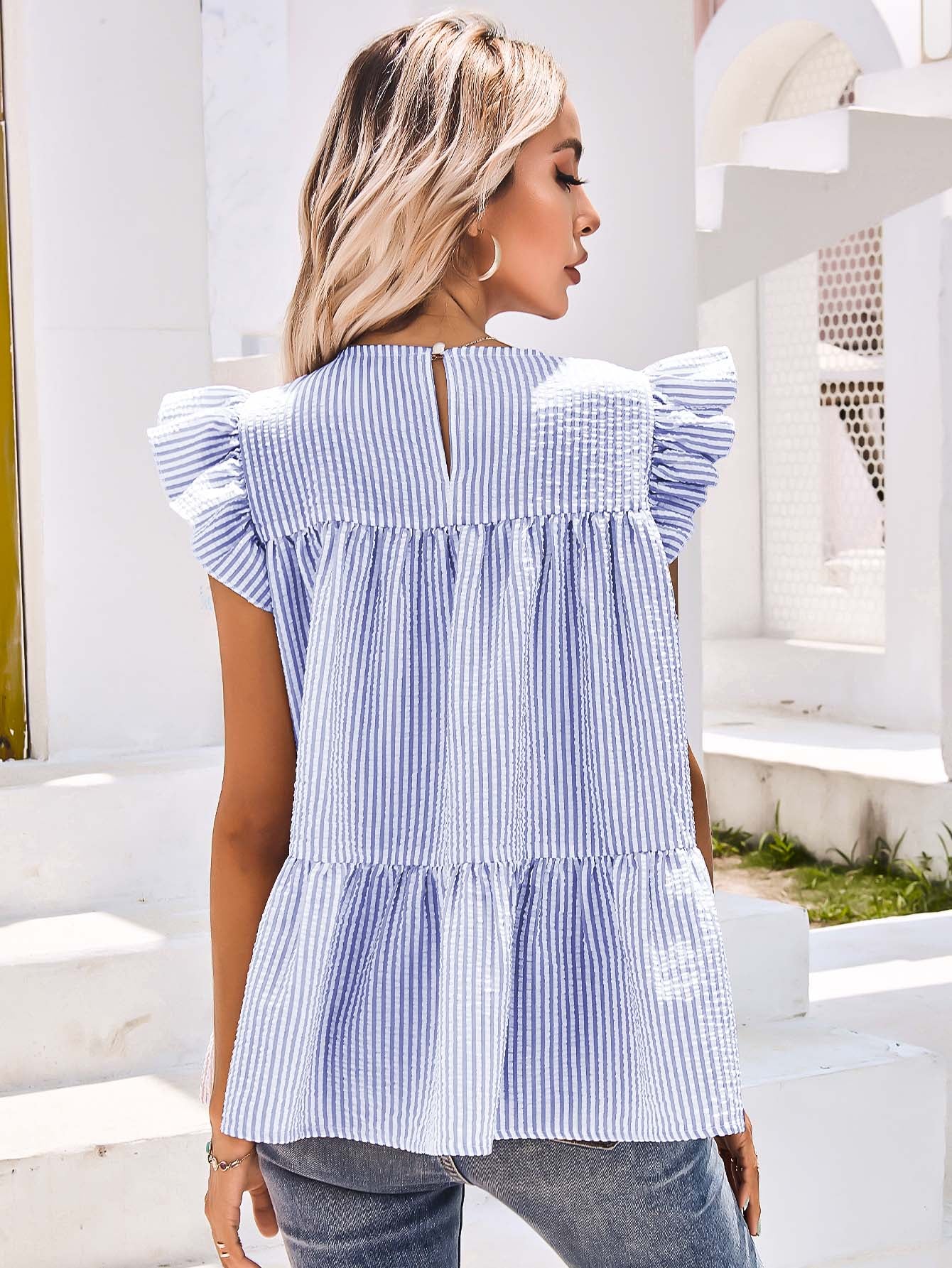 Keyhole Back Ruffle Detail Striped Top Sai Feel