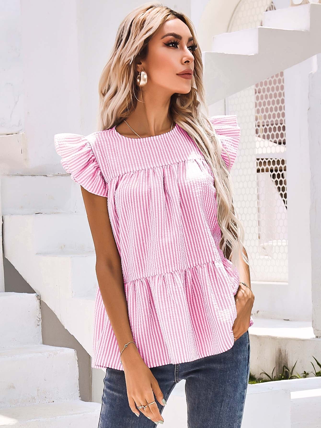 Keyhole Back Ruffle Detail Striped Top Sai Feel