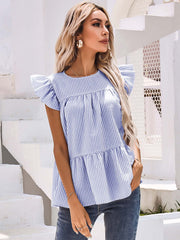 Keyhole Back Ruffle Detail Striped Top Sai Feel