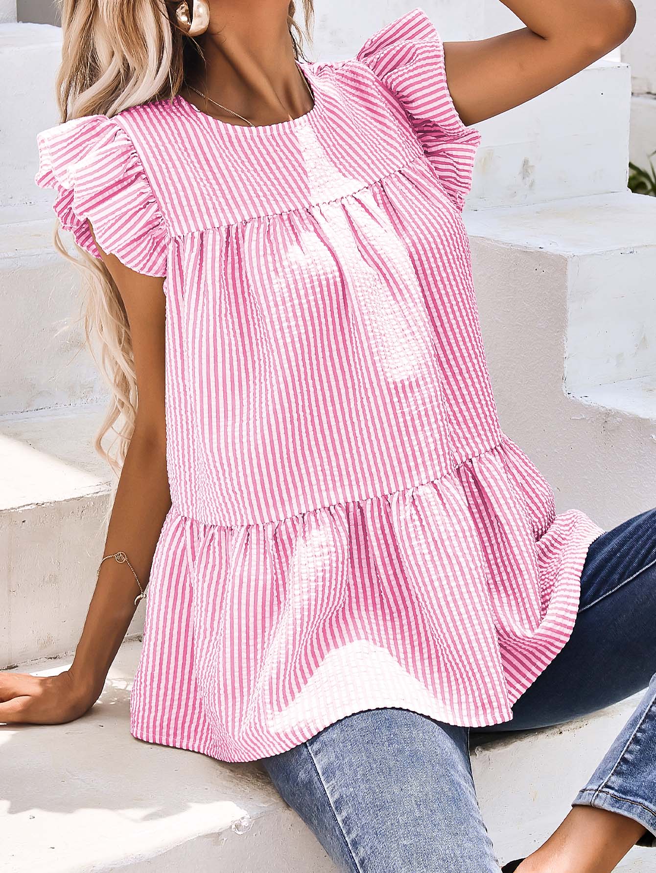 Keyhole Back Ruffle Detail Striped Top Sai Feel