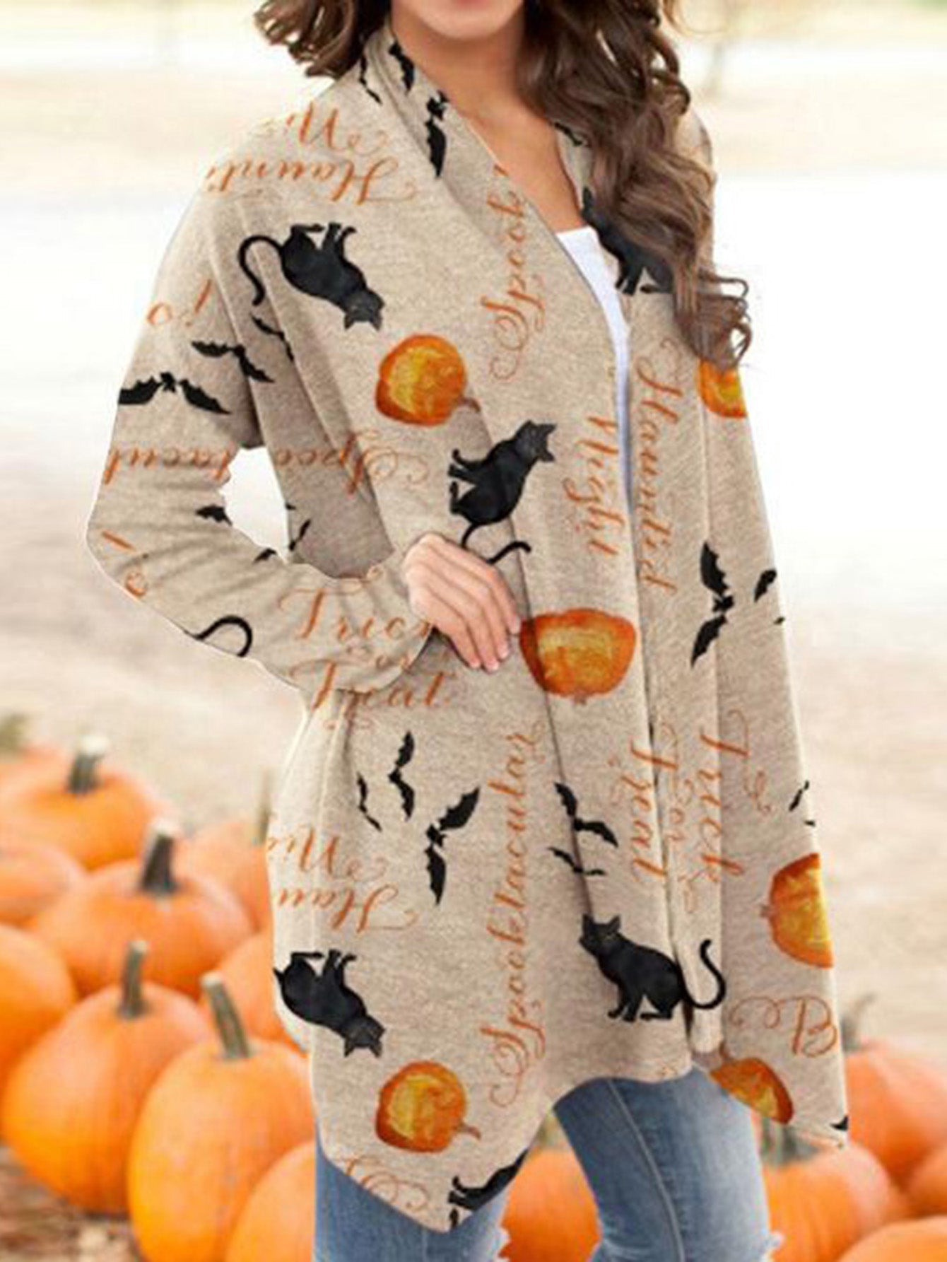 Khaki Open-front Print Halloween Knitted Cardigan Sai Feel