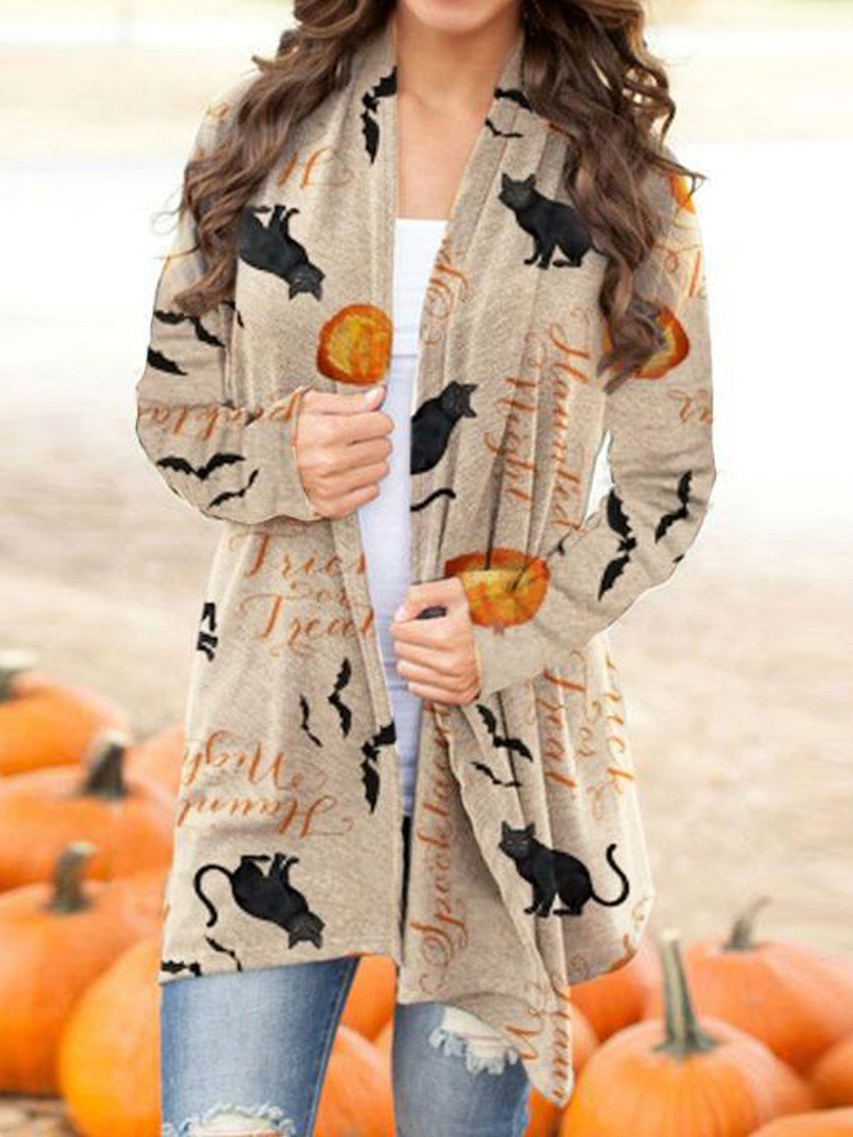 Khaki Open-front Print Halloween Knitted Cardigan Sai Feel