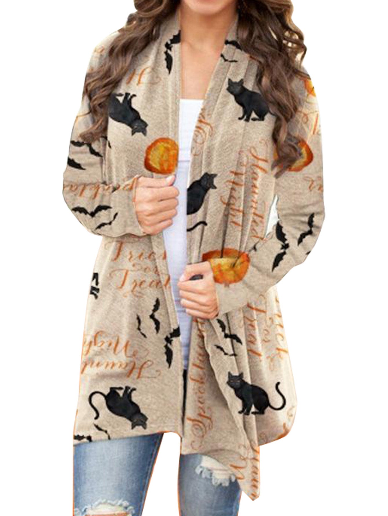 Khaki Open-front Print Halloween Knitted Cardigan Sai Feel