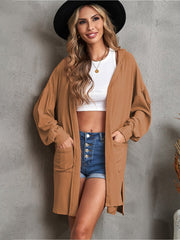 Khaki Side Split Open Front Cardigan with Hooded Sai Feel