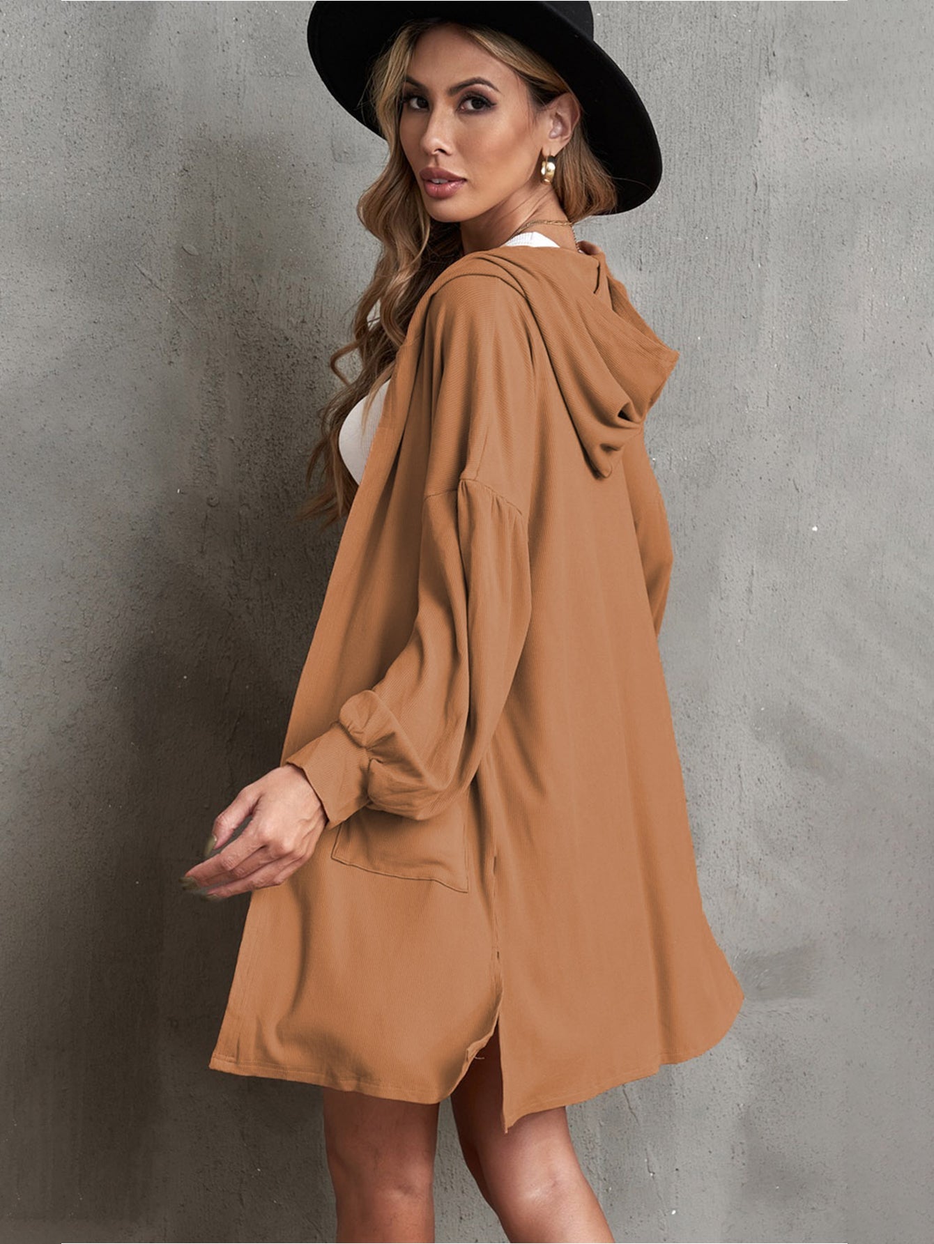 Khaki Side Split Open Front Cardigan with Hooded Sai Feel