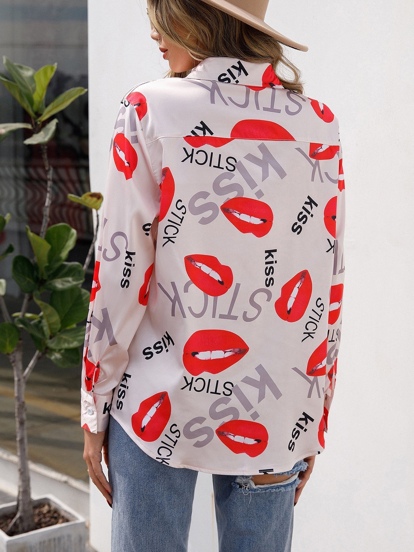 Kissing Lips Print Button Up Blouse Sai Feel