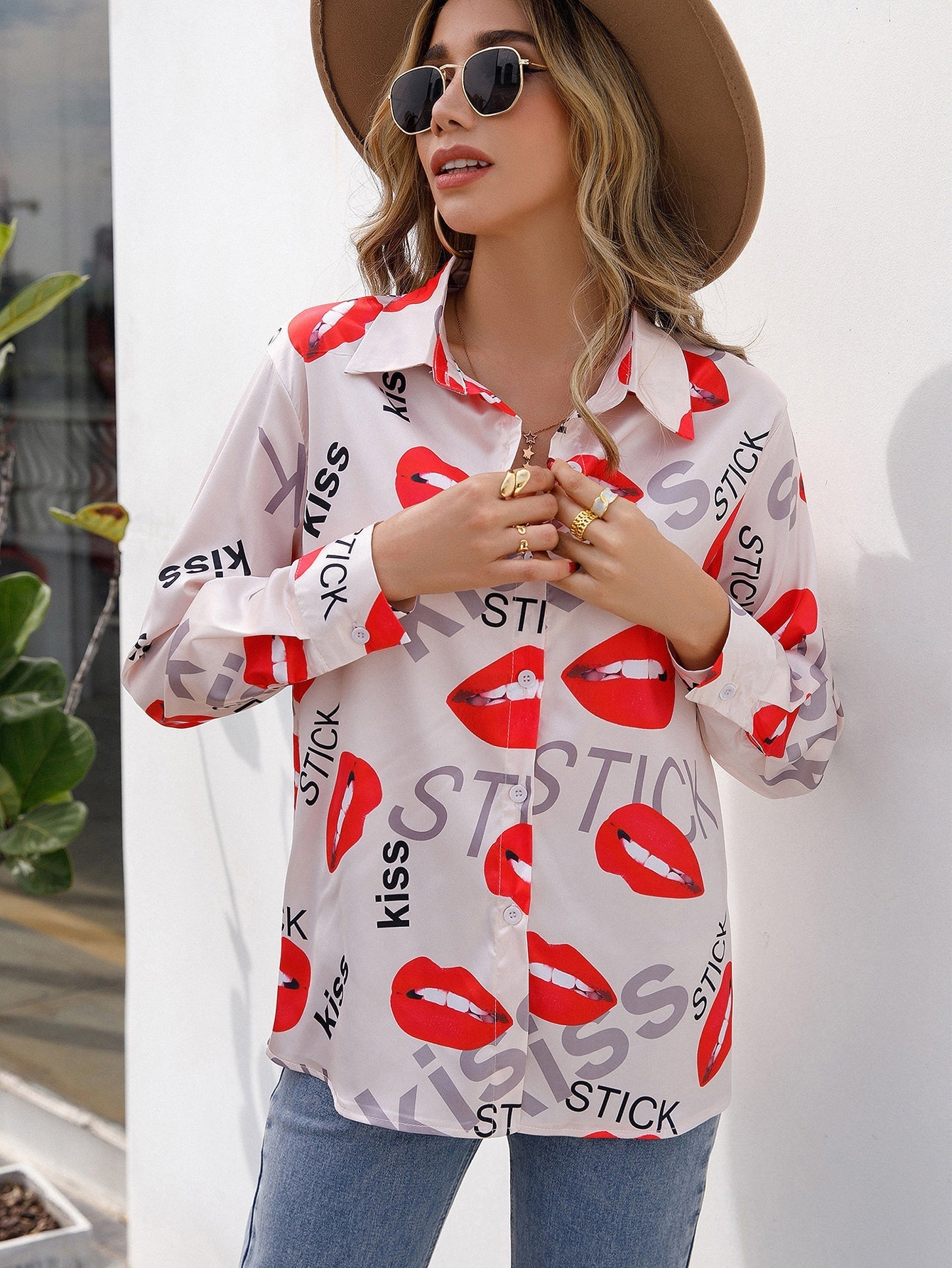 Kissing Lips Print Button Up Blouse Sai Feel