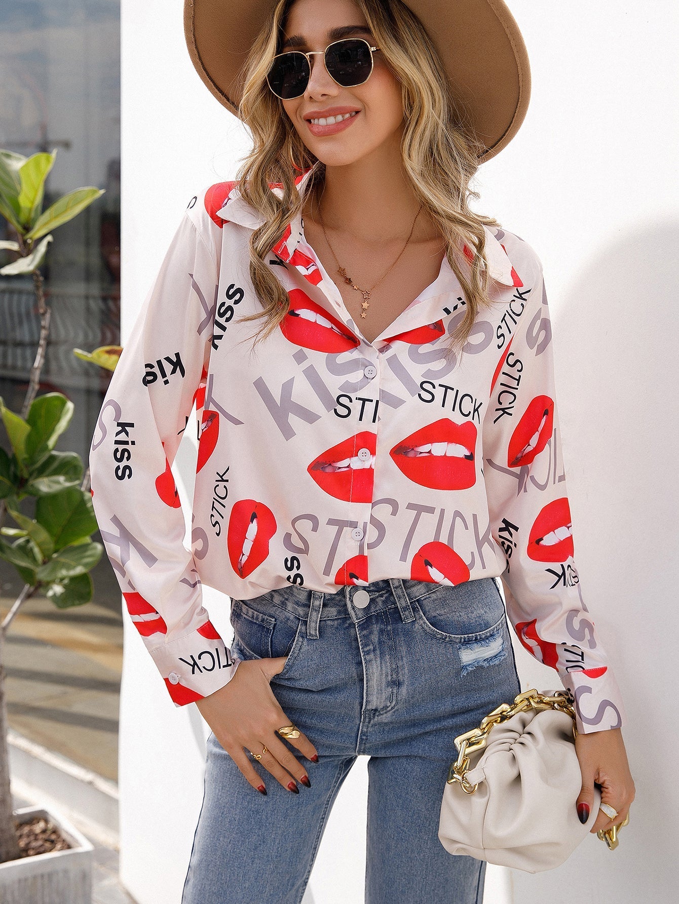 Kissing Lips Print Button Up Blouse Sai Feel