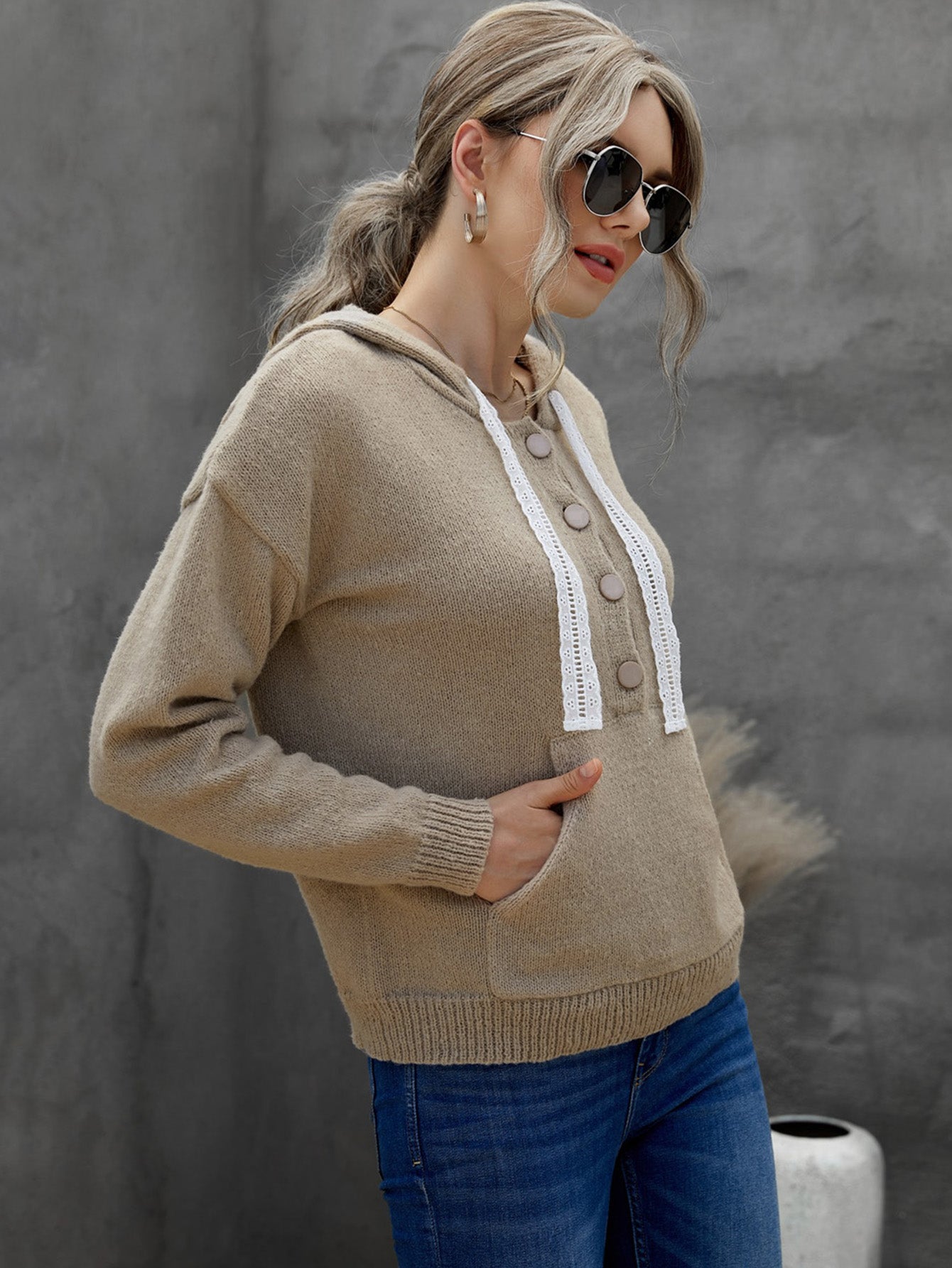 Knit Pullover Tops Buttons Down Lace Drawstring Kangaroo Pocket Long Sleeve Hooded Sweaters Sai Feel