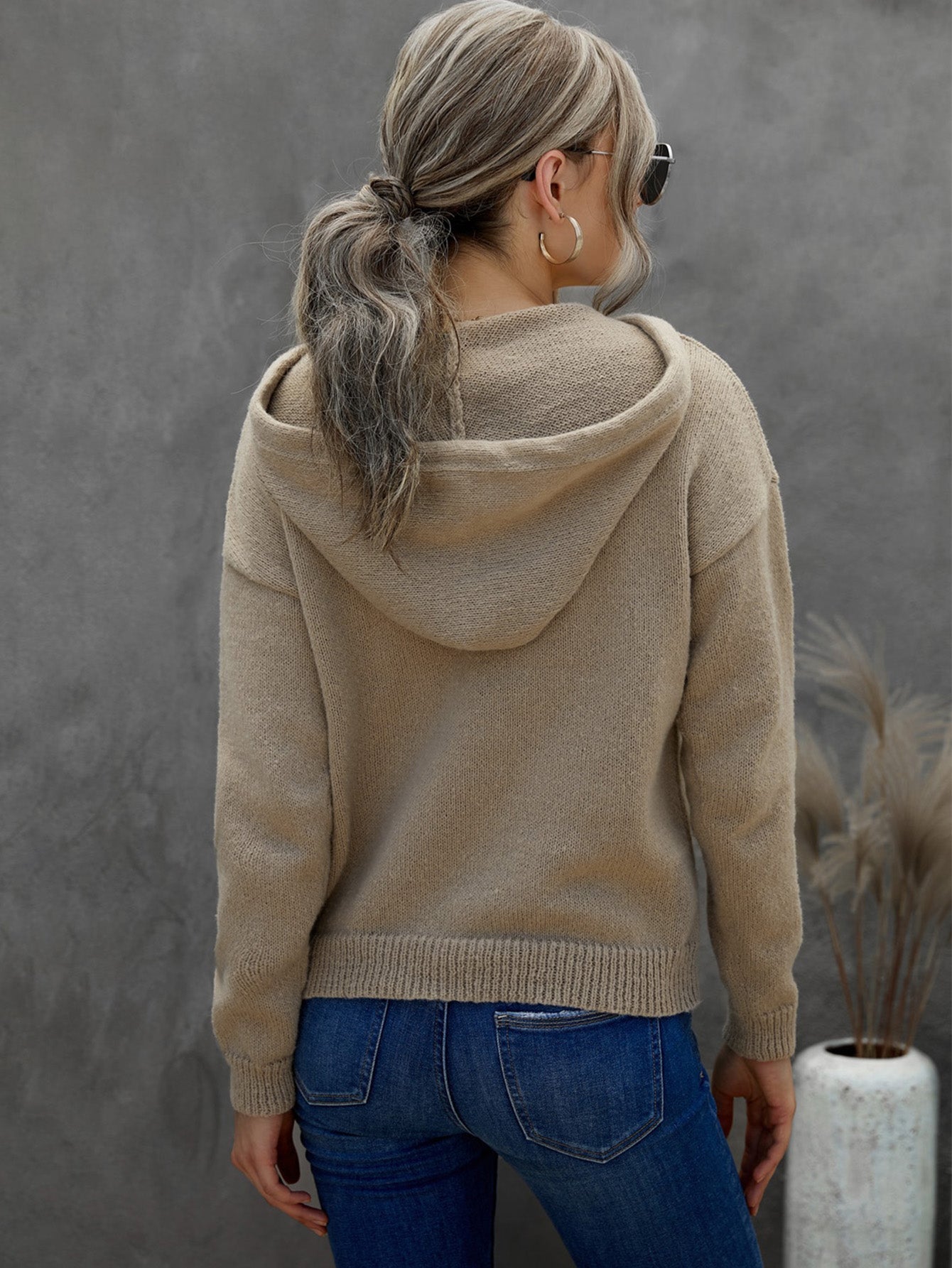 Knit Pullover Tops Buttons Down Lace Drawstring Kangaroo Pocket Long Sleeve Hooded Sweaters Sai Feel