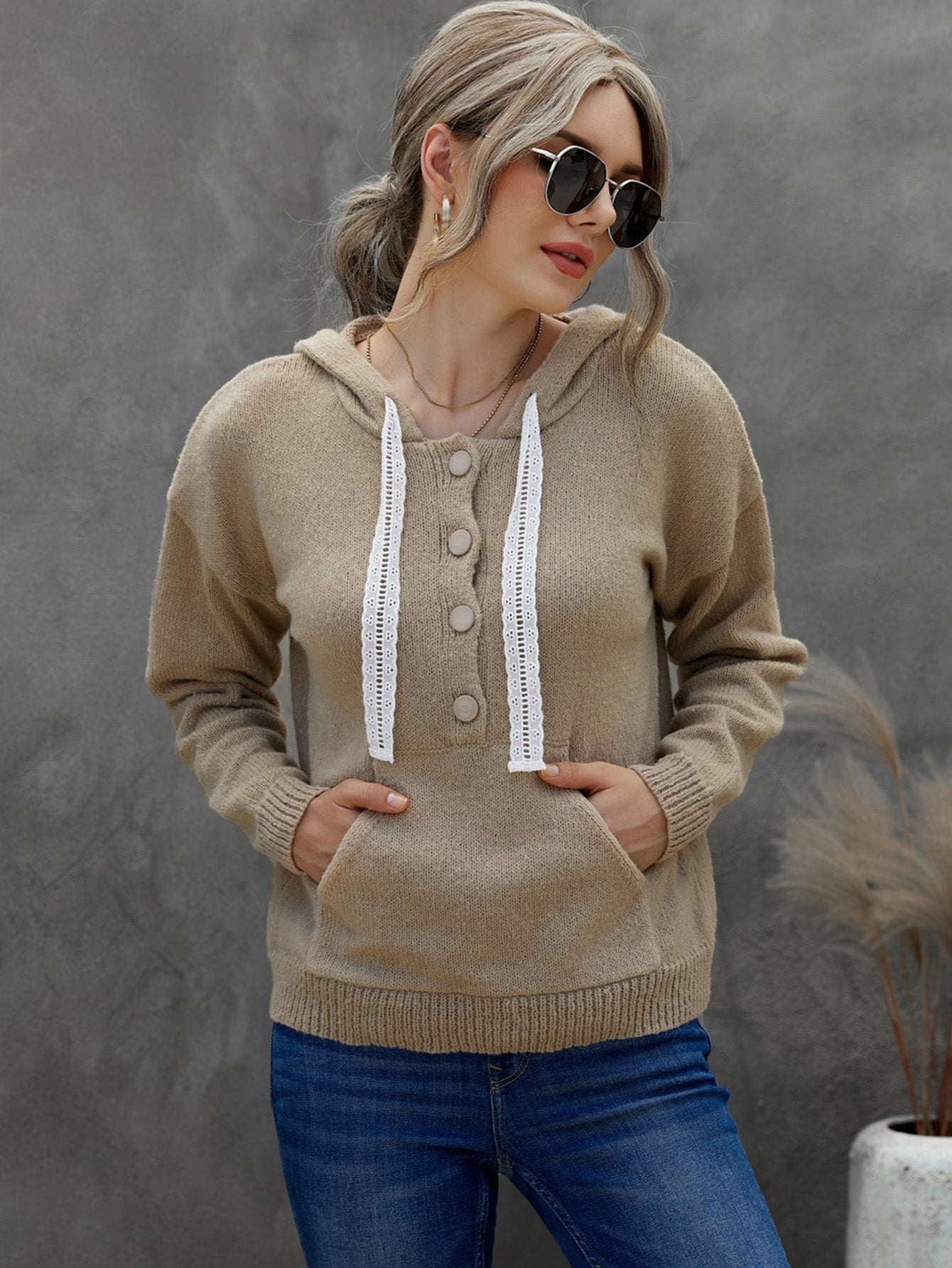 Knit Pullover Tops Buttons Down Lace Drawstring Kangaroo Pocket Long Sleeve Hooded Sweaters Sai Feel