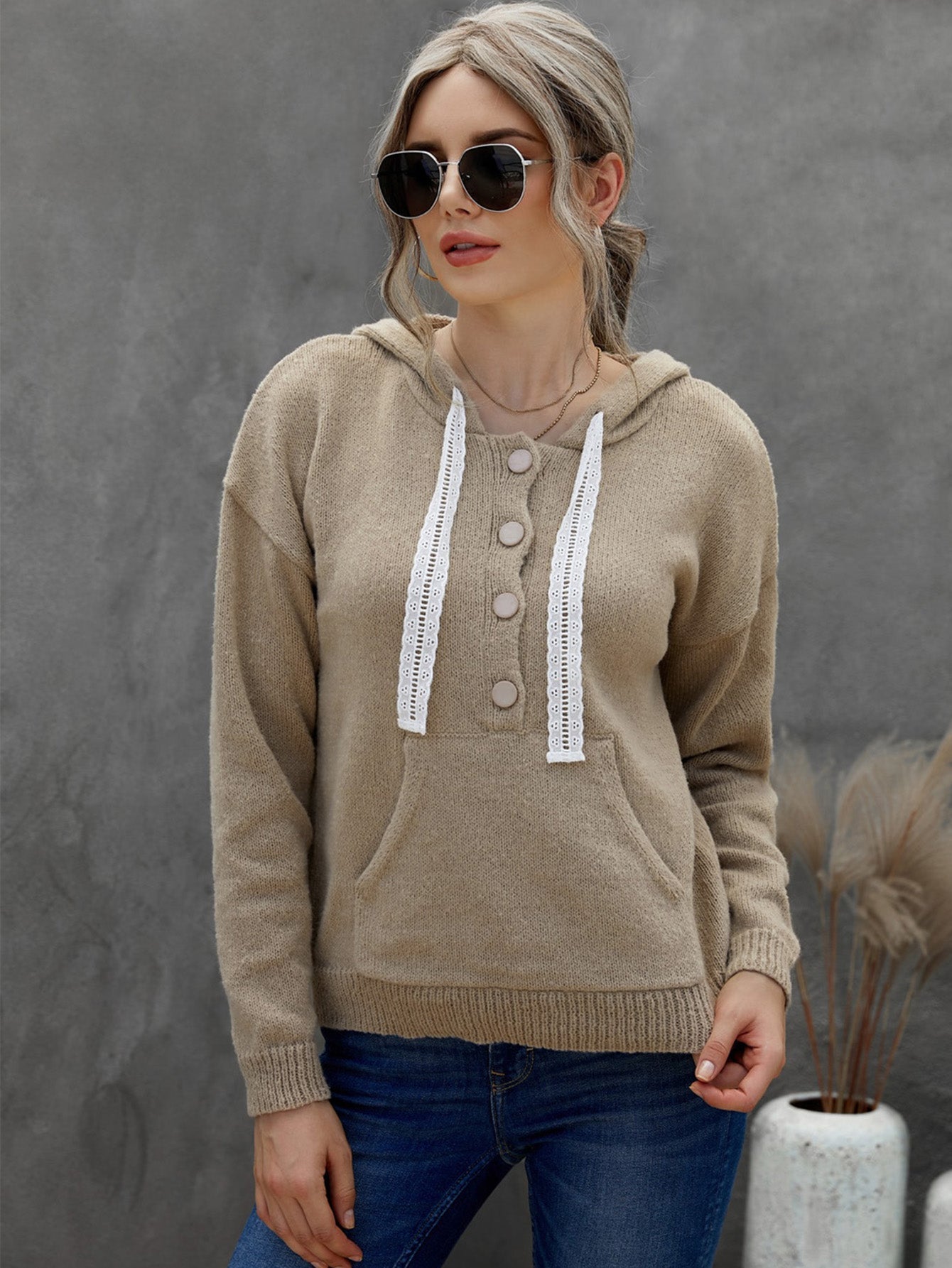 Knit Pullover Tops Buttons Down Lace Drawstring Kangaroo Pocket Long Sleeve Hooded Sweaters Sai Feel