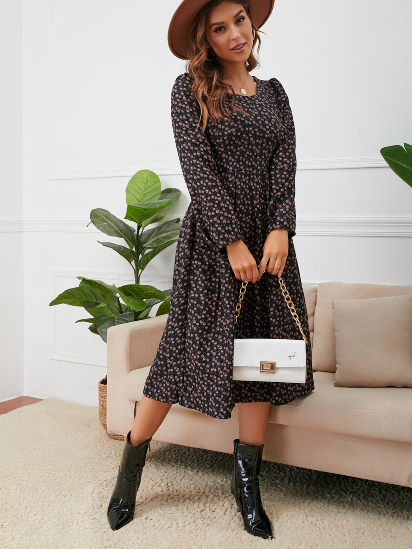 Knit Rib Puff Sleeve Flare Dress Sai Feel