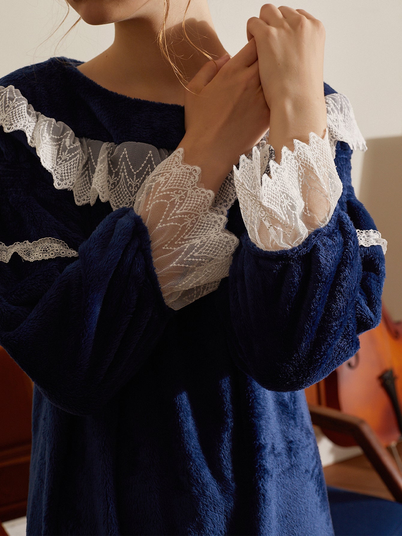 Lace Detail Ruffle Hem Flannel Nightdress Sai Feel