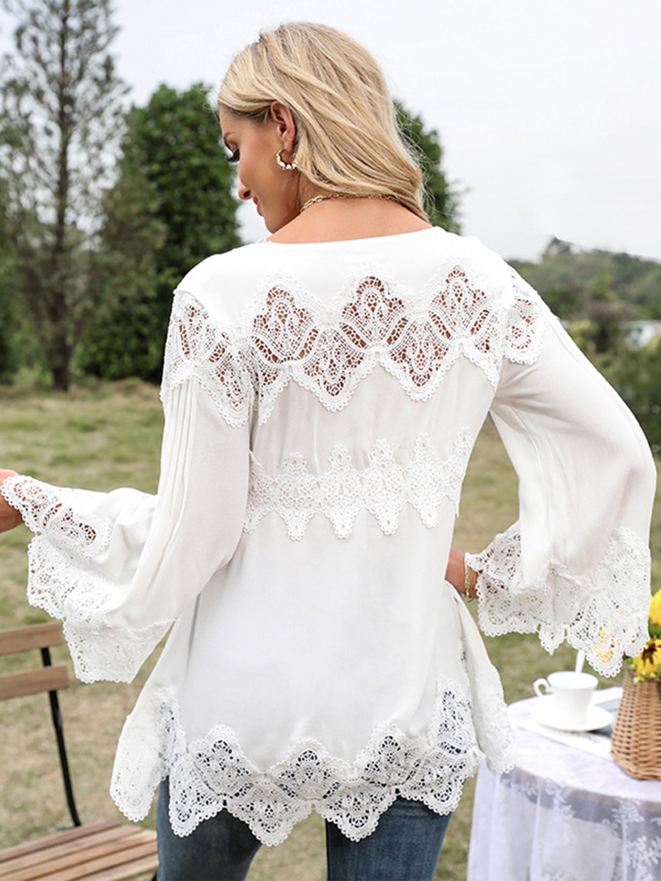 Lace Trimmed Flare Sleeve Blouse Top Sai Feel