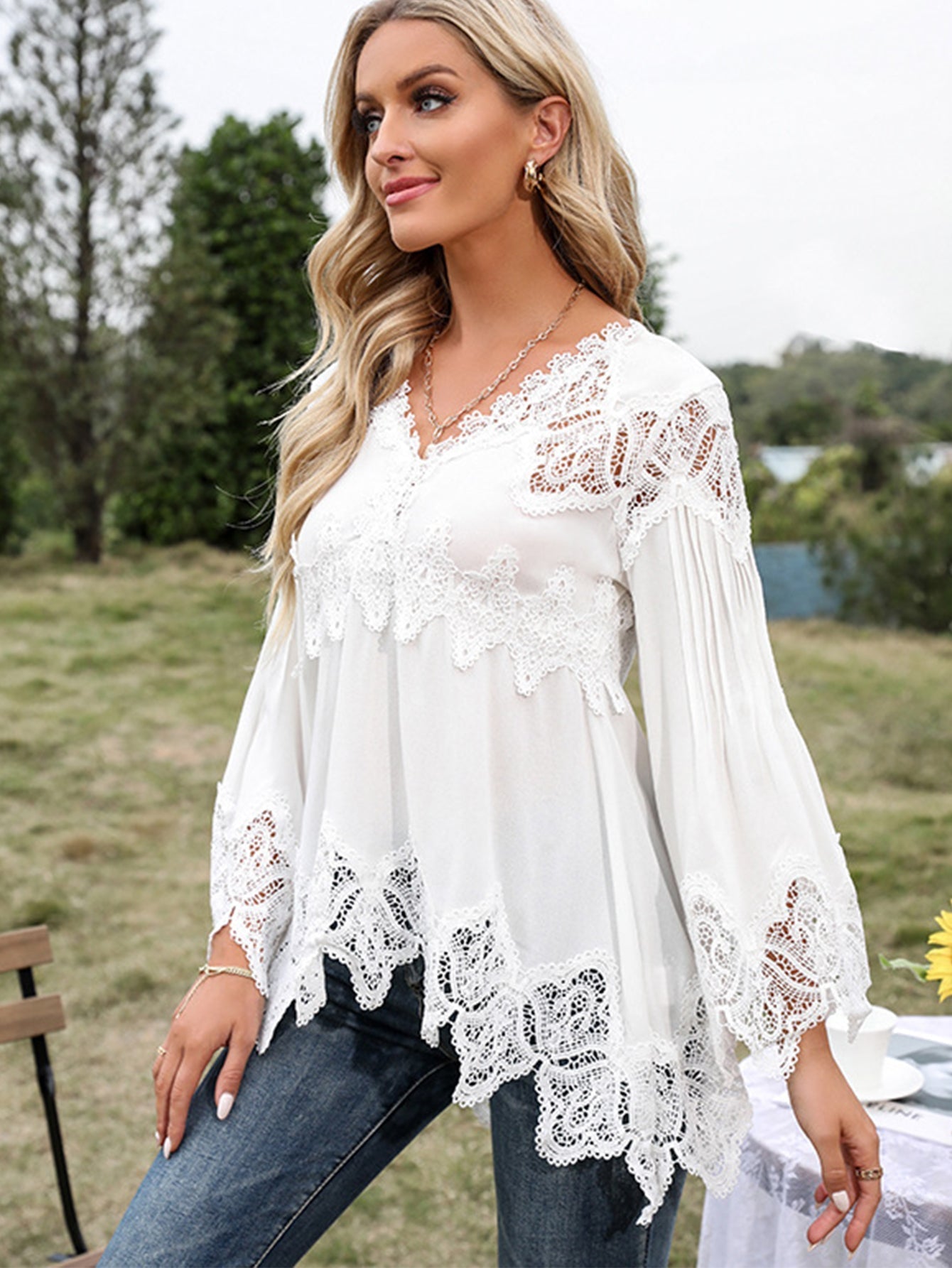 Lace Trimmed Flare Sleeve Blouse Top Sai Feel