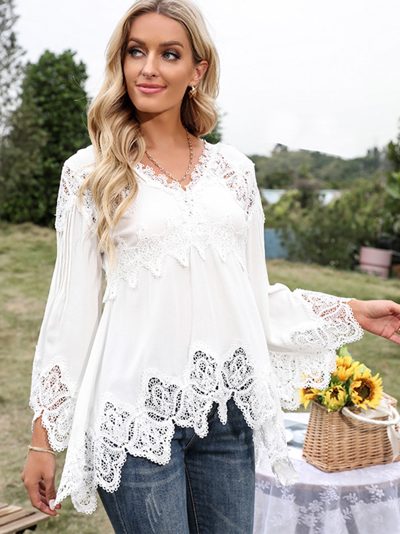 Lace Trimmed Flare Sleeve Blouse Top Sai Feel