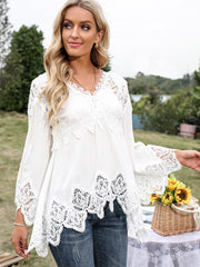 Lace Trimmed Flare Sleeve Blouse Top Sai Feel