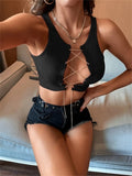 Lace Up Chain Detail Crop Tank Top Sai Feel