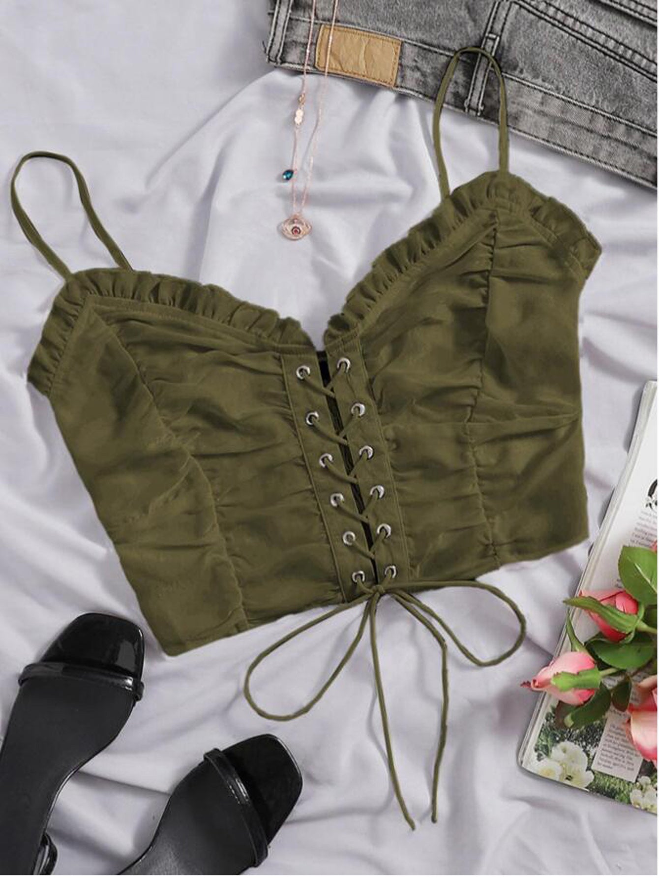 Lace Up Front Shirred Back Crop Cami Top Sai Feel