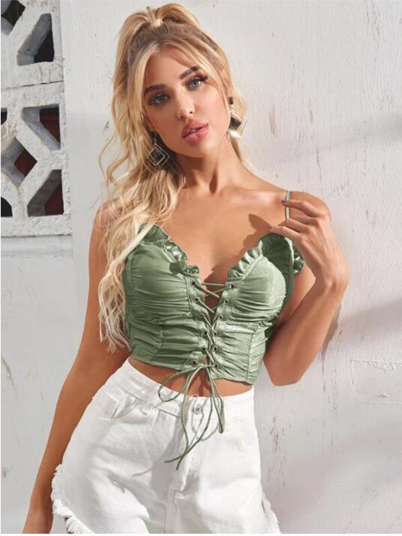 Lace Up Front Shirred Back Crop Cami Top Sai Feel