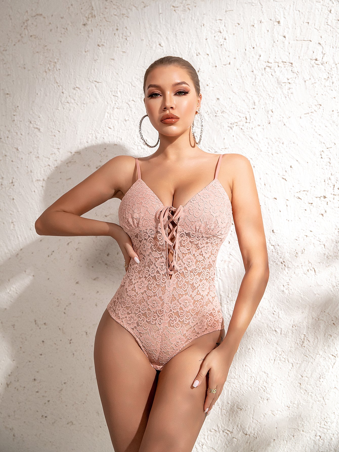 Lace Up Knot Lace Cami Bodysuit Sai Feel