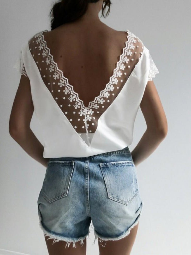 Lace Wavy V-Neck Short Sleeve T-Shirt Sai Feel