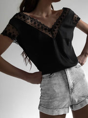 Lace Wavy V-Neck Short Sleeve T-Shirt Sai Feel