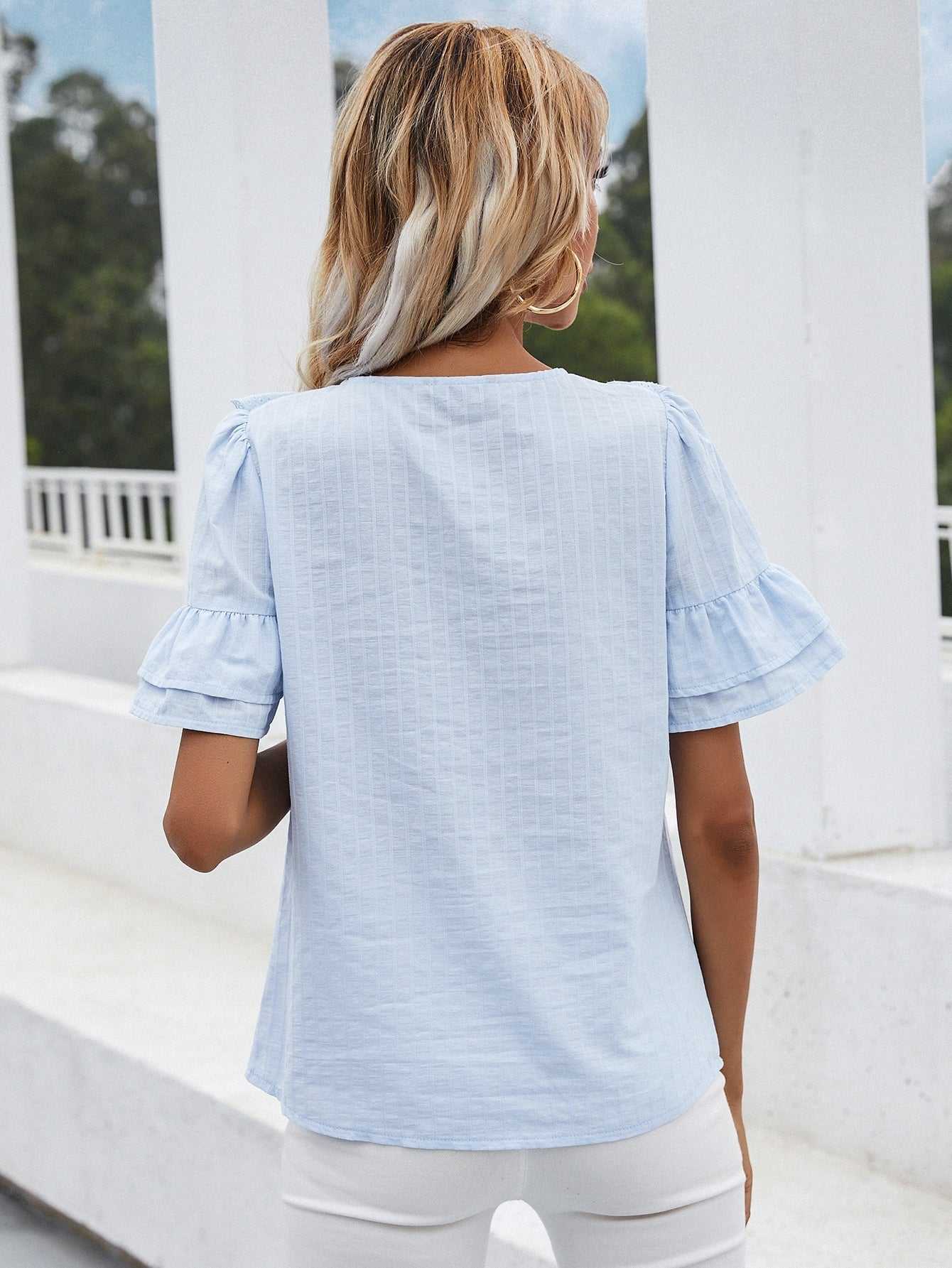 Lace hollow round neck ruffled short-sleeved shirt top Sai Feel