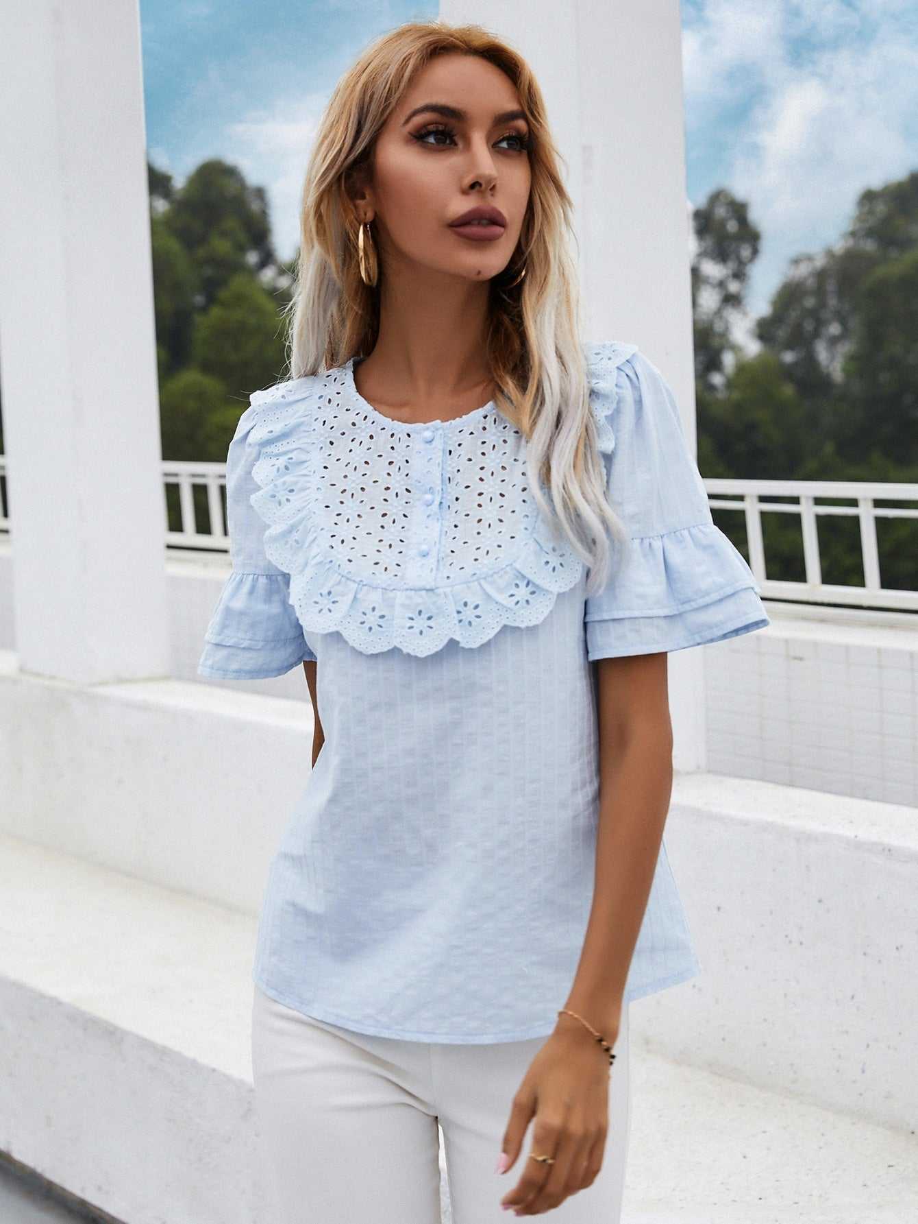 Lace hollow round neck ruffled short-sleeved shirt top Sai Feel