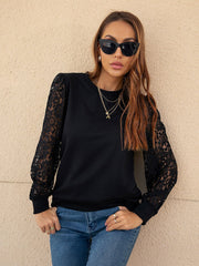 Lace stitching pullover black round neck sweater Sai Feel