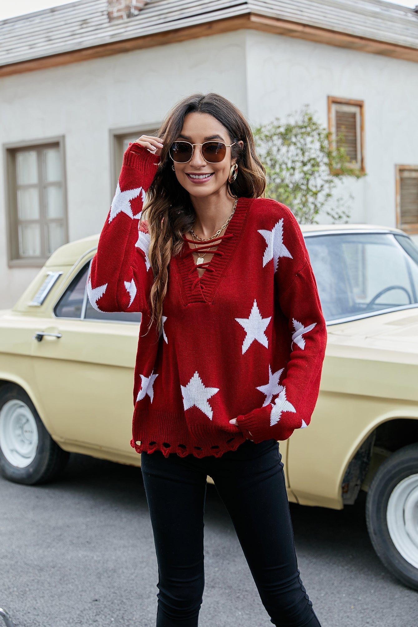 Lace-up sexy V-neck star jacquard loose pullover sweater Sai Feel