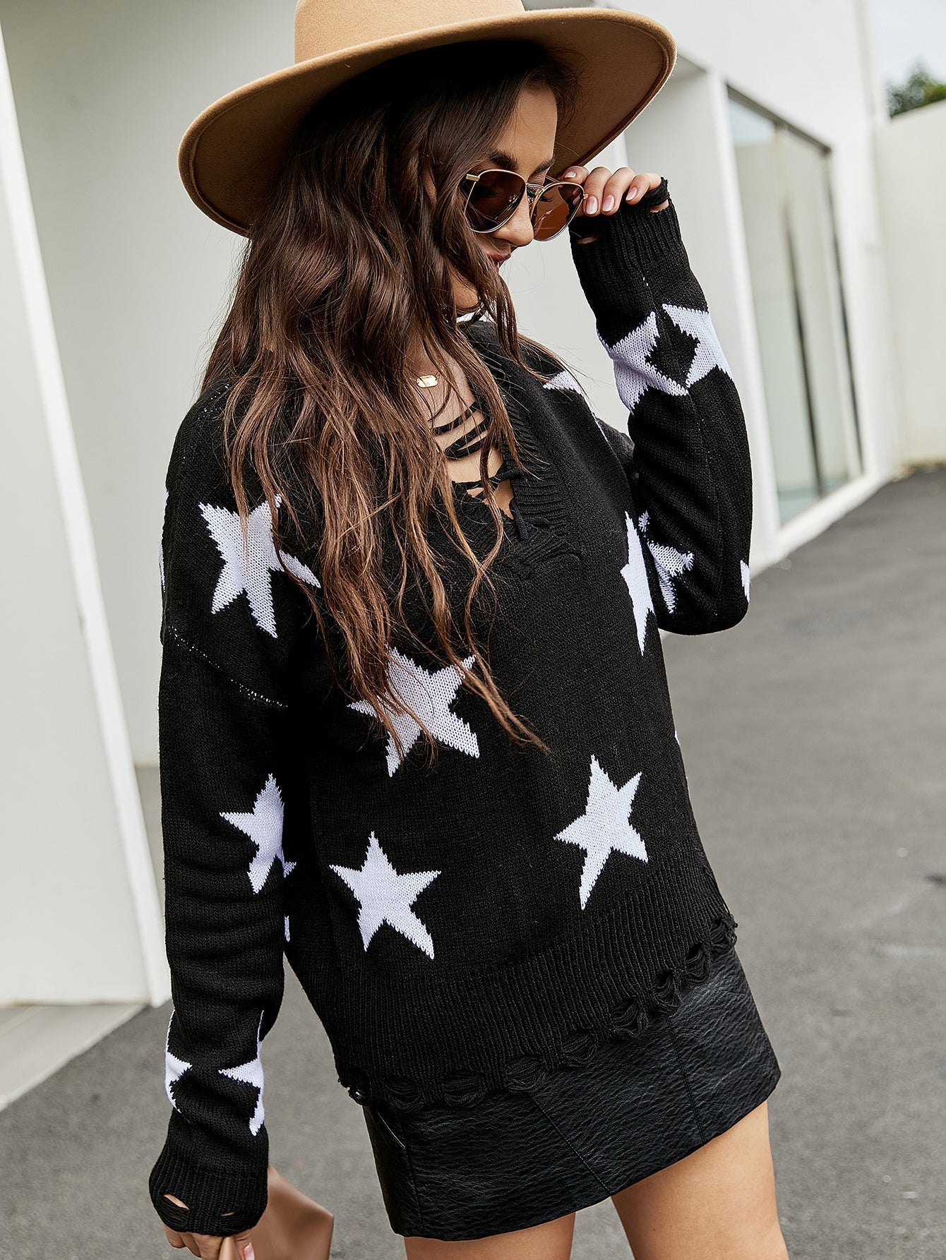 Lace-up sexy V-neck star jacquard loose pullover sweater Sai Feel