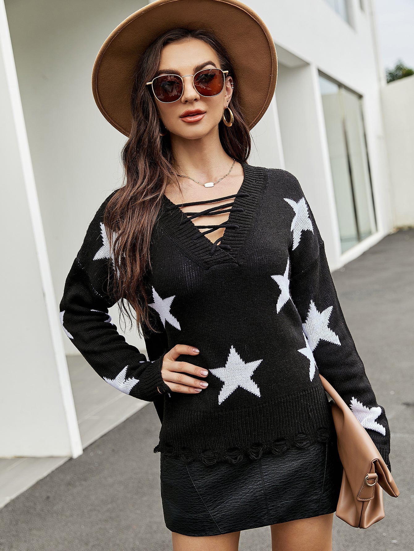 Lace-up sexy V-neck star jacquard loose pullover sweater Sai Feel