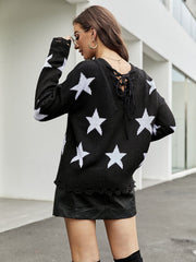 Lace-up sexy V-neck star jacquard loose pullover sweater Sai Feel